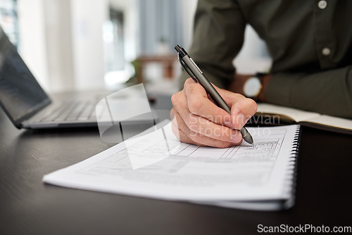 Image of Documents, accounting and hands of business man in office for checklist, planning and finance. Tax, payment and budget report with closeup of person for investment, survey and invoice paperwork