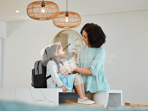 Image of Happy, care and a mother and child for school in the morning, getting ready and talking. Happy, family and a young mom and a girl kid with love, speaking and backpack in a home for education