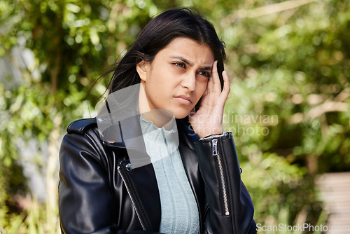 Image of Sad, stress and thinking with woman in park for fatigue, depression and tired. Mental health, anxiety and burnout with person and headache in nature for frustrated, failure and psychology problem