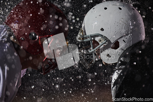 Image of Two american football players face to face in silhouette shadow on white background