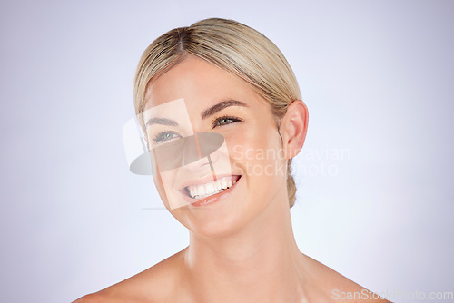 Image of Skincare, happy woman and smile in studio for body care, treatment or natural cosmetics on grey background. Glowing skin, beauty and female wellness model with dermatology, results and satisfaction