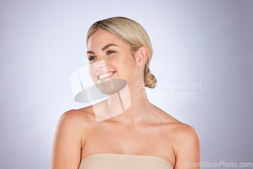 Image of Skincare, smile and woman in studio for body care, cosmetic or treatment on grey background. Beauty, glowing skin and female wellness model happy with dermatology, shine or results with self love