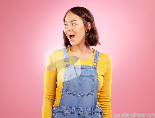 Image of Wow, surprise and mockup, woman in studio with excited face for deal, sale or promo on pink background space. Happy facial expression, giveaway announcement or shock for asian girl in casual fashion.
