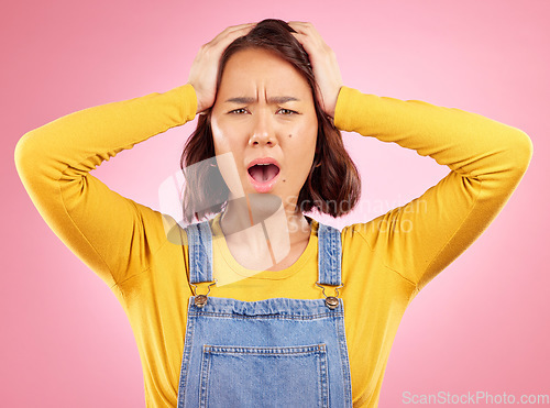 Image of Wow, surprised and portrait of woman in studio, confused face with doubt and fear on pink background. Shock facial expression, frustrated gesture and alarm emoji for asian girl in casual fashion.