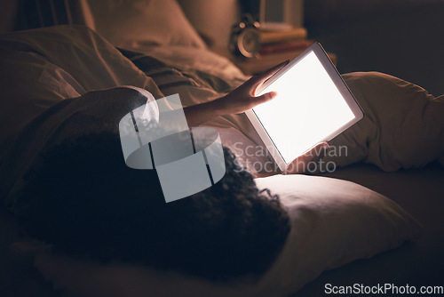 Image of Woman, tablet and bed in night with blank blank, reading and typing for contact, chat or social media app. Girl, digital touchscreen and mockup space with empty ux, scroll or watch video in dark home