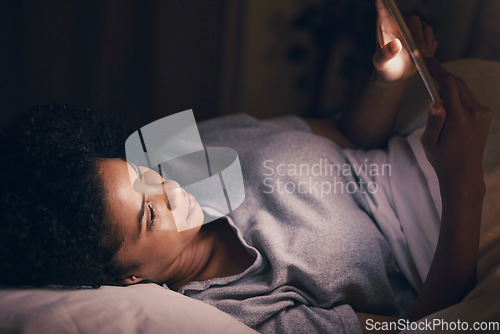Image of Light, night and phone with woman in bedroom for social media app, insomnia and networking. Communication, contact and internet with female person in bed at home for mobile, online and technology