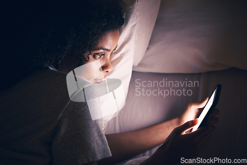 Image of Insomnia, night and phone with woman in bedroom for social media app, streaming and networking. Communication, contact and internet with female person in bed at home for mobile, online and technology
