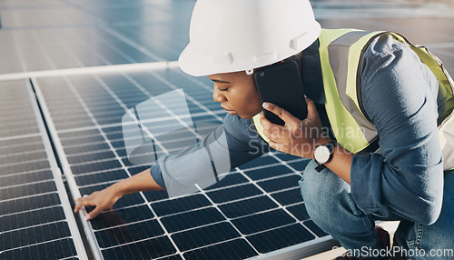 Image of Phone call, solar panel and black woman maintenance conversation about photovoltaic plate, sustainability or inspection. Renewable energy, smartphone chat and female engineer check electricity cell
