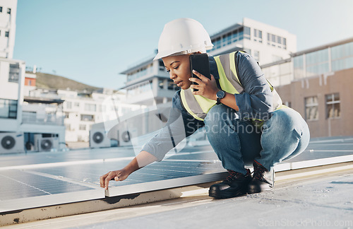 Image of Black woman, rooftop solar panel or maintenance phone call about photovoltaic plate, sustainability or project. Eco friendly energy, cellphone conversation or female engineer talking about inspection