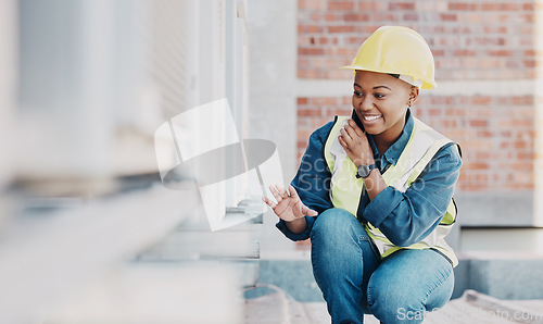 Image of Happy phone call, air conditioner or maintenance black woman chat about HVAC machine, heat pump or aircon inspection. Construction worker, cellphone or rooftop technician person for AC repair service
