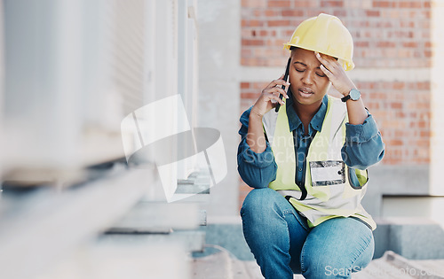 Image of Phone call, headache or maintenance black woman stress for HVAC machine error, heat pump fail or aircon service mistake. Construction worker, mobile or female technician with burnout, migraine or sad