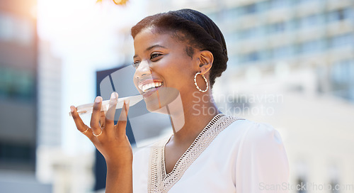 Image of Woman with smile in city, speaker and phone call for networking, consulting and conversation outside. Urban travel, work commute and businesswoman talking on cellphone with voice chat with happy face