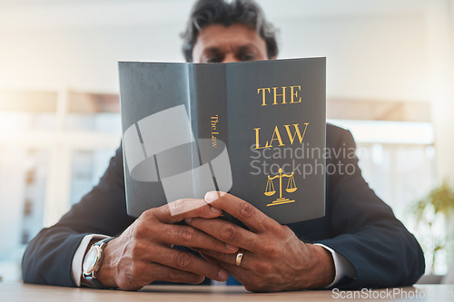 Image of Lawyer, attorney hands and reading book for legal information, knowledge and business research, compliance or rules. Textbook, judge and professional person, professor or senior man study for justice