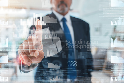 Image of Hands, screen hologram and man for data analytics, financial digital system or business tech in stock market. Trading, software overlay and professional person or trader press monitor for statistics