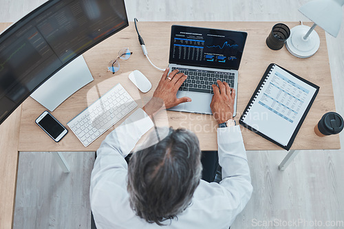 Image of Laptop screen, stock market and person on data analytics dashboard, financial budget or investment above. Typing, trading and business accountant or trader on computer statistics or finance documents