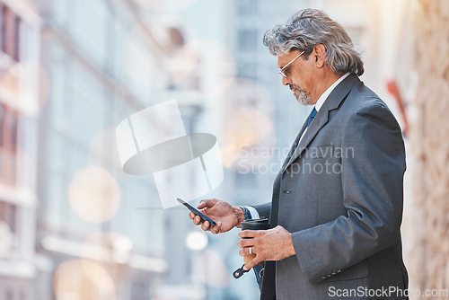 Image of Senior, business man and cellphone in city, travel and commute, bokeh and communication outdoor. Mexican male executive, CEO using phone to chat on journey to work and urban street with mockup space