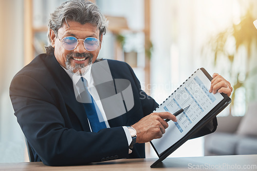 Image of Document, accounting and business man in office portrait for consultation, budget advice or asset management. POV meeting of financial advisor, accountant or professional senior man for paper invoice