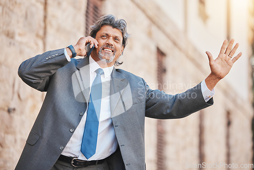 Image of Happy senior businessman, phone call and taxi in city for travel, trip or immigration outdoors. Man waiting for cab, vehicle or transportation talking on mobile smartphone for journey in urban town