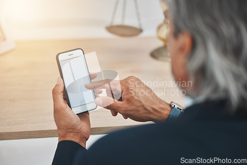 Image of Businessman, hands and phone mockup for communication, networking or browsing at office. Senior man or CEO typing on mobile smartphone display or screen for app, online research or chat at workplace