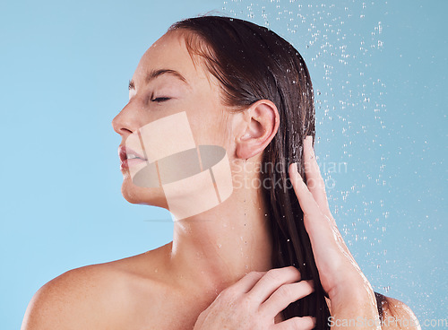 Image of Woman, shower and hair care with water, studio and cleaning for hygiene, beauty and health by blue background. Girl, young model and shampoo with wellness, growth and splash for shine with cosmetics