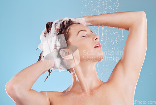 Image of Woman, washing hair with shampoo in shower and hygiene with water drops isolated on blue background. Grooming, cosmetic care and sustainability, female person and morning routine, soap and haircare