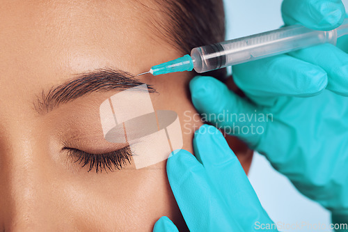 Image of Closeup, injection and beauty, skincare and eyebrow lift cosmetic surgery, doctor hands and client. Skin, antiaging and dermatology, woman and medical procedure with needle and liquid collagen serum