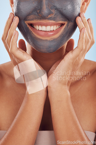 Image of Face mask, skincare and woman with dermatology, closeup and girl on a blue studio background. Zoom, female person and model with cosmetics, glow and aesthetic with hydration, charcoal and self care