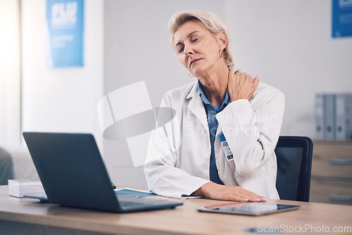 Image of Stress, woman and medical doctor with neck pain in office for muscle pressure, joint injury and overworked. Tired, burnout and mature healthcare employee with fatigue, tension and exhausted problems