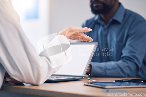Image of Doctor, hands and talking patient with laptop mockup for medical advice, clinic service and consultation. Closeup of healthcare worker consulting client for support, surgery and therapy with computer