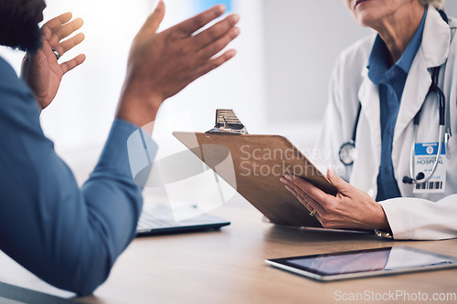 Image of Hands, doctor and clipboard for patient consultation, healthcare advice and clinic services. Closeup of medical therapist consulting client with documents for analysis report, test results and script