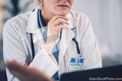 Image of Woman, doctor and listening to patient in clinic consultation for healthcare advice. Closeup of medical professional consulting with client for support, wellness service and communication of results