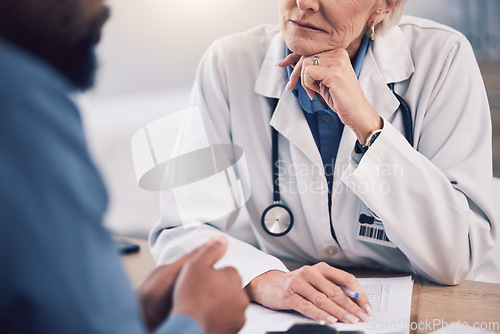 Image of Woman, doctor and listening to patient with notes for consultation, healthcare advice or clinic services. Closeup of medical therapist consulting client for surgery support, test results and feedback