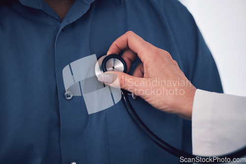 Image of Stethoscope, closeup and hands of doctor test breathe of patient due for surgery exam and chest treatment. Healthcare, medicine and medical professional help or consulting a person with lung problem