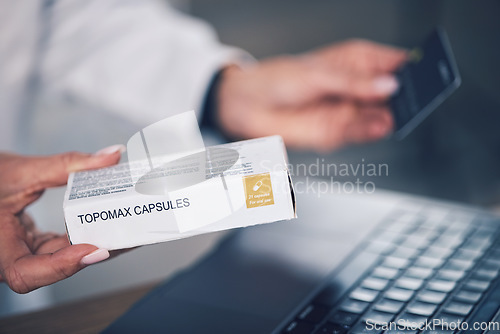 Image of Doctor, hands and box with credit card for payment, medication or tablets at pharmacy or hospital. Closeup of woman, pharmacist or medical expert with pills, debit and pharmaceuticals for transaction