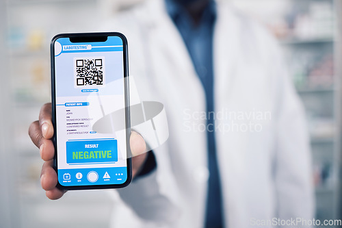 Image of Doctor, hands and phone with QR code in healthcare results, advertising or screening at pharmacy. Closeup of person, pharmacist or medical expert and mobile smartphone app, monkeypox or negative test