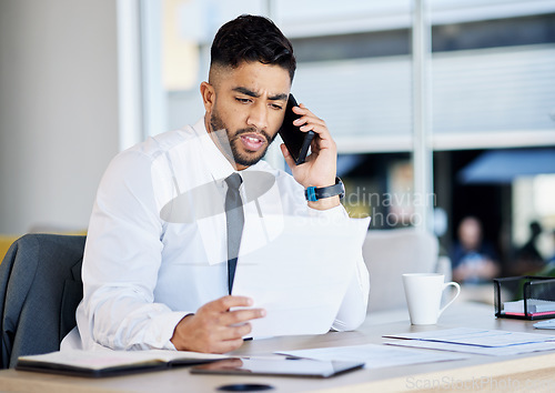 Image of Corporate, phone call and man with paperwork, communication and serious with financial consultant, contact or talking. Male person, employee or broker with a smartphone, documents and conversation