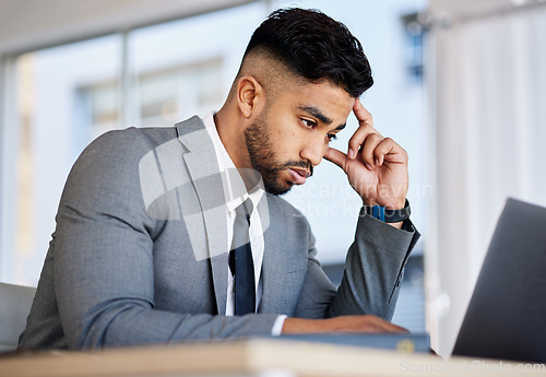 Image of Stress, laptop and tired with business man in office for anxiety, 404 and burnout. Mental health, glitch and headache with employee and research in agency for frustrated, confused and fatigue