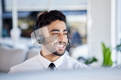 Image of Telecom sales, telemarketing and man with customer service, talking and communication with headphones. Male person, consultant and happy employee with a headset, crm and call center with tech support