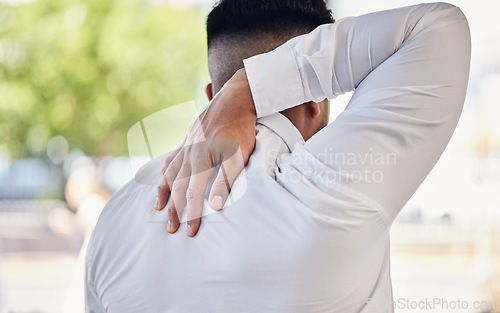Image of Back pain, business man and stress with inflammation, tension and consultant with muscle problem. Agent, employee and working with a strain, tender joint and injury with medical issue and overworked