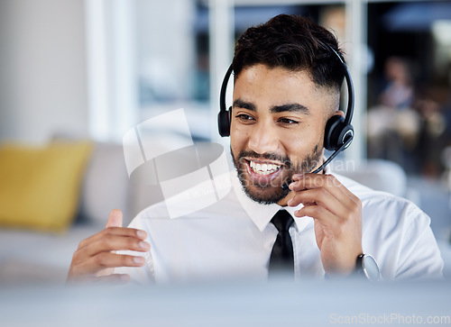 Image of Call center, telemarketing and man with customer service, communication and crm with headphones. Male person, happy consultant or agent with a headset, professional or tech support with telecom sales