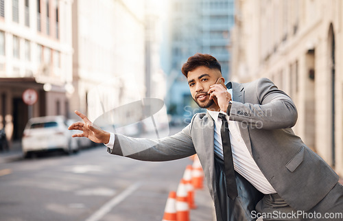 Image of Business man, wave and taxi with phone call, transport and travel on smartphone, booking or city. Entrepreneur, cellphone and sign for driver, bus or transportation in metro street, cbd and outdoor