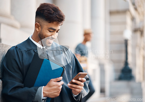 Image of Lawyer man, city and text with phone, case documents and information for criminal defence in court battle. Young attorney, smartphone and chat with contact for litigation, evidence and justice system