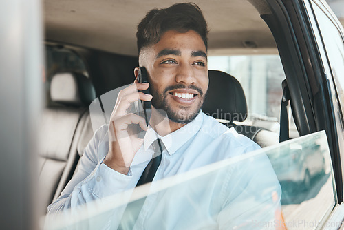 Image of Business man, phone call and travel in car for communication, mobile networking or thinking of chat. Face, happy indian corporate worker or talking to contact, smartphone or driving in taxi transport