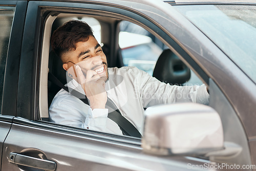 Image of Happy business man, phone call and driving car for communication, mobile networking and chat in traffic. Indian male worker, driver and talking to contact, smartphone tech or travel in transportation