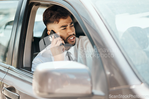 Image of Business man, phone call and driving in car for communication, mobile networking and chat in traffic. Indian male worker, driver and talking to contact, smartphone tech and travel in transportation