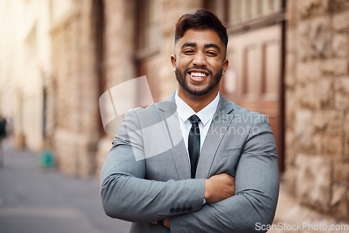 Image of Smile, lawyer and arms crossed with portrait of man in city for justice, legal and pride. Happy, legal and advocate with face of male attorney at courthouse for advisor, corporate and consultant