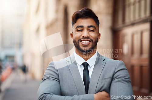 Image of Happy, lawyer and arms crossed with portrait of man in city for justice, business and pride. Smile, legal and advocate with face of male attorney at courthouse for advisor, corporate and consultant