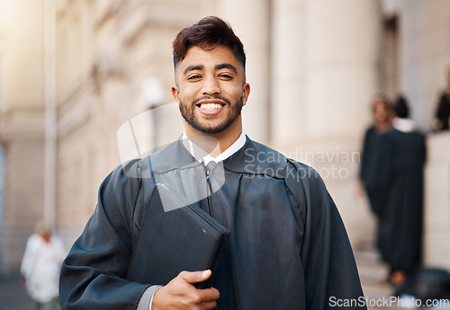 Image of Smile, lawyer and judge with portrait of man in city for justice, jury and pride. Happy, legal and advocate with face of male attorney at courthouse for advisor, corporate and consultant