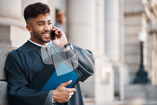 Image of Lawyer man, city and smile with phone call, case documents and court battle with information for criminal defence. Young attorney, smartphone and contact for litigation, evidence and justice system