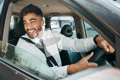 Image of Business man, smile and driving car for morning commute, transportation and journey in traffic. Happy corporate indian male employee, travel and driver at steering wheel, auto vehicle or trip to work